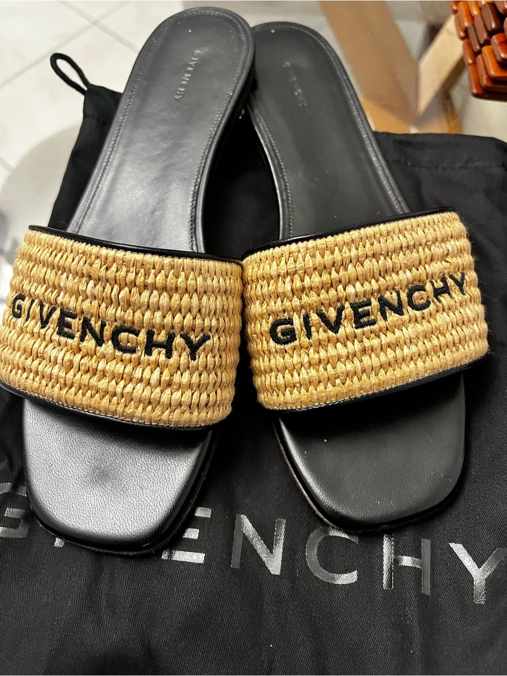 Givenchy Beige and Black 4G Flat Slide Sandals
